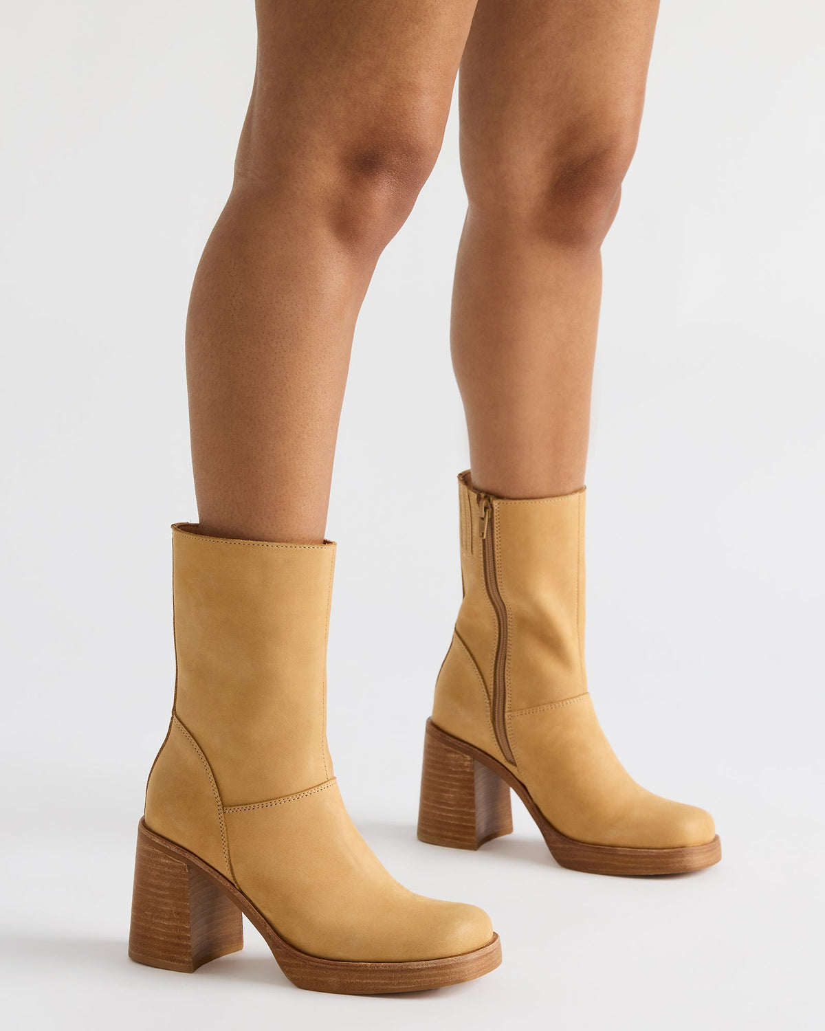 FUSION Banana Leather Square-Toe Block Heel Women's Ankle Boot