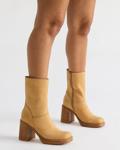 FUSION Banana Leather Square-Toe Block Heel Women's Ankle Boot