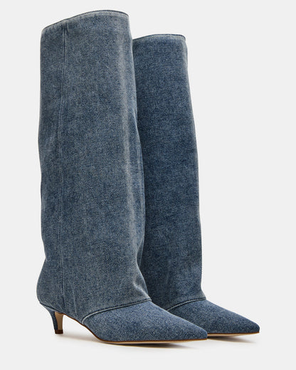LUCA Denim Fabric Pointed-Toe Cuffed Kitten Heel Women's Boot