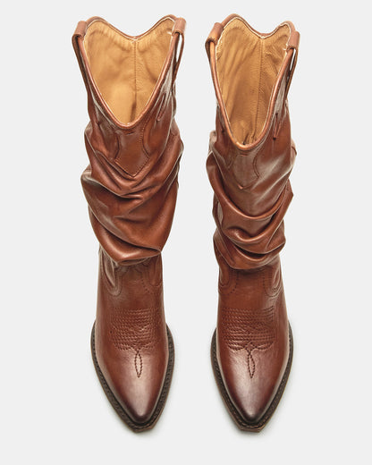 STAGE Cognac Leather Pointed-Toe Scrunched Western Women's Boot