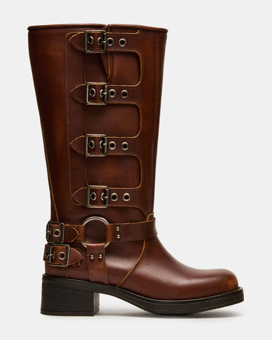 ROCKY Cognac Distressed Wide Calf Knee-High Moto Women's Boot