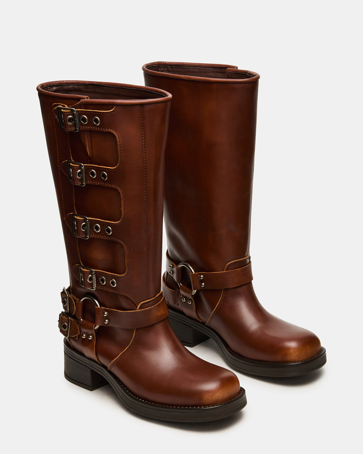 ROCKY Cognac Distressed Wide Calf Knee-High Moto Women's Boot