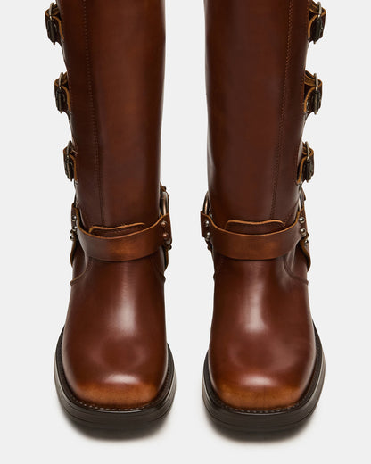 ROCKY Cognac Distressed Wide Calf Knee-High Moto Women's Boot