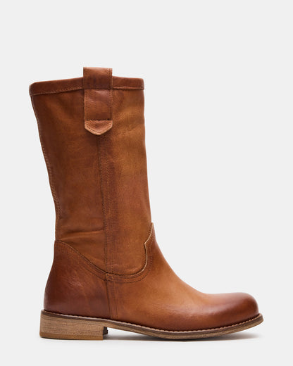 RUBEN Cognac Leather Rounded Toe Women's Boot