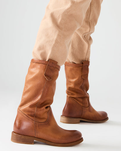 RUBEN Cognac Leather Rounded Toe Women's Boot