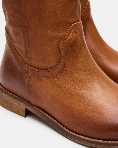 RUBEN Cognac Leather Rounded Toe Women's Boot