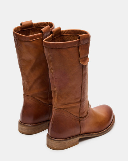 RUBEN Cognac Leather Rounded Toe Women's Boot