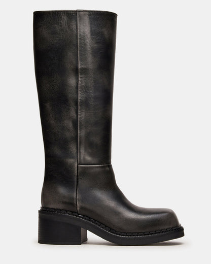 DAVOS Black Distressed Square-Toe Knee High Block Heel Women's Boot
