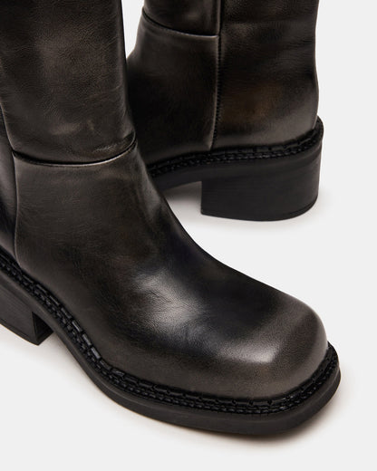 DAVOS Black Distressed Square-Toe Knee High Block Heel Women's Boot