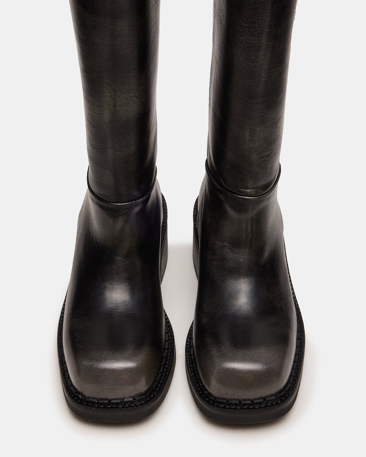 DAVOS Black Distressed Square-Toe Knee High Block Heel Women's Boot
