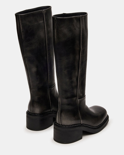 DAVOS Black Distressed Square-Toe Knee High Block Heel Women's Boot