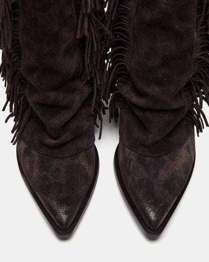 LANDMARK Brown Leopard Cuffed Fringe Western Women's Ankle Boot