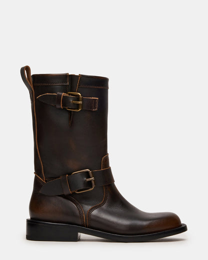 IRVING Black Distressed Buckle Moto Round-Toe Women's Boot