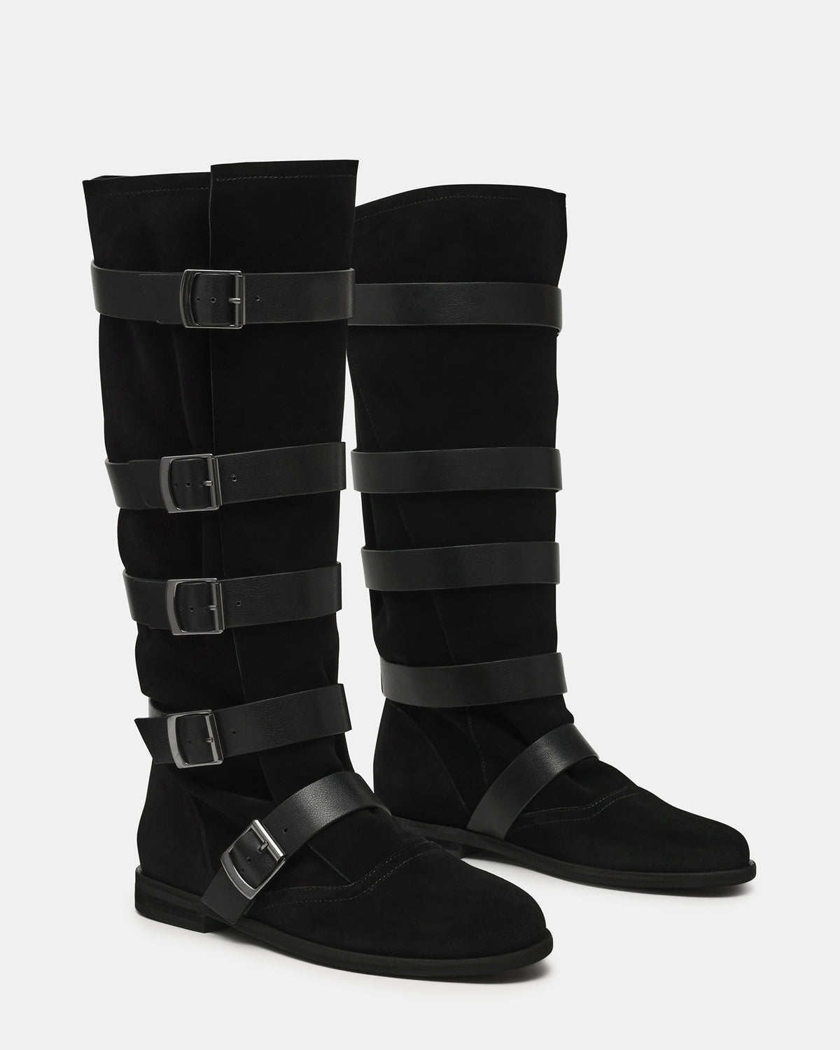 INDIO Black Suede Buckle Strap Knee-High Round-Toe Women's Boot