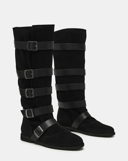 INDIO Black Suede Buckle Strap Knee-High Round-Toe Women's Boot