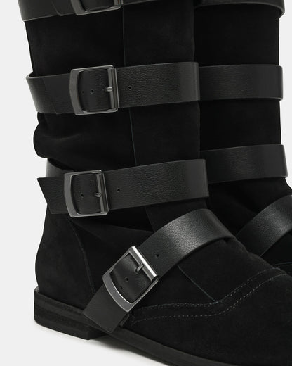 INDIO Black Suede Buckle Strap Knee-High Round-Toe Women's Boot
