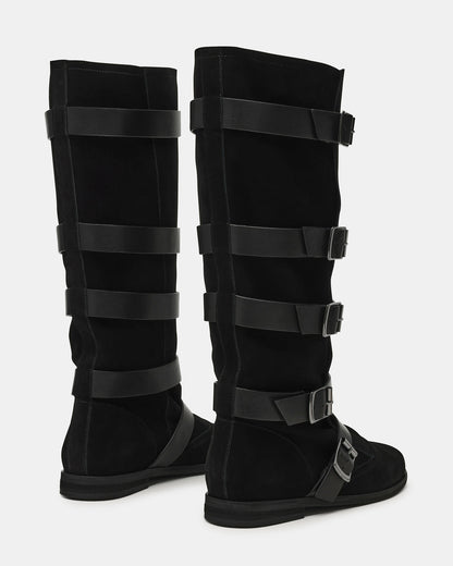 INDIO Black Suede Buckle Strap Knee-High Round-Toe Women's Boot