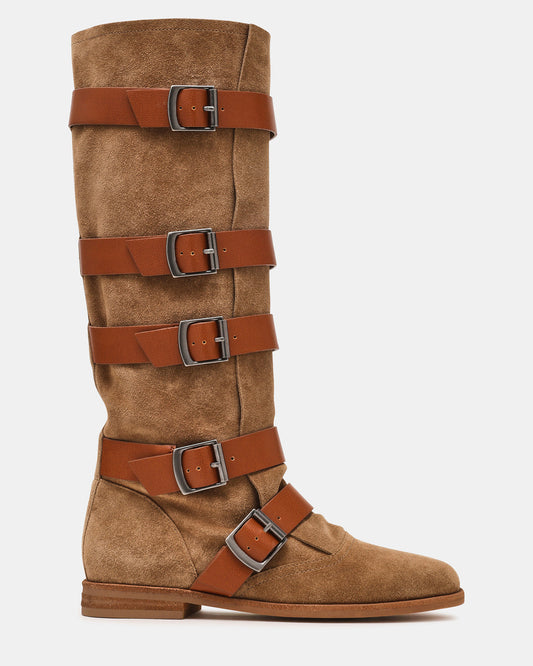 INDIO Tan Suede Buckle Strap Knee-High Round-Toe Women's Boot