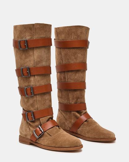 INDIO Tan Suede Buckle Strap Knee-High Round-Toe Women's Boot