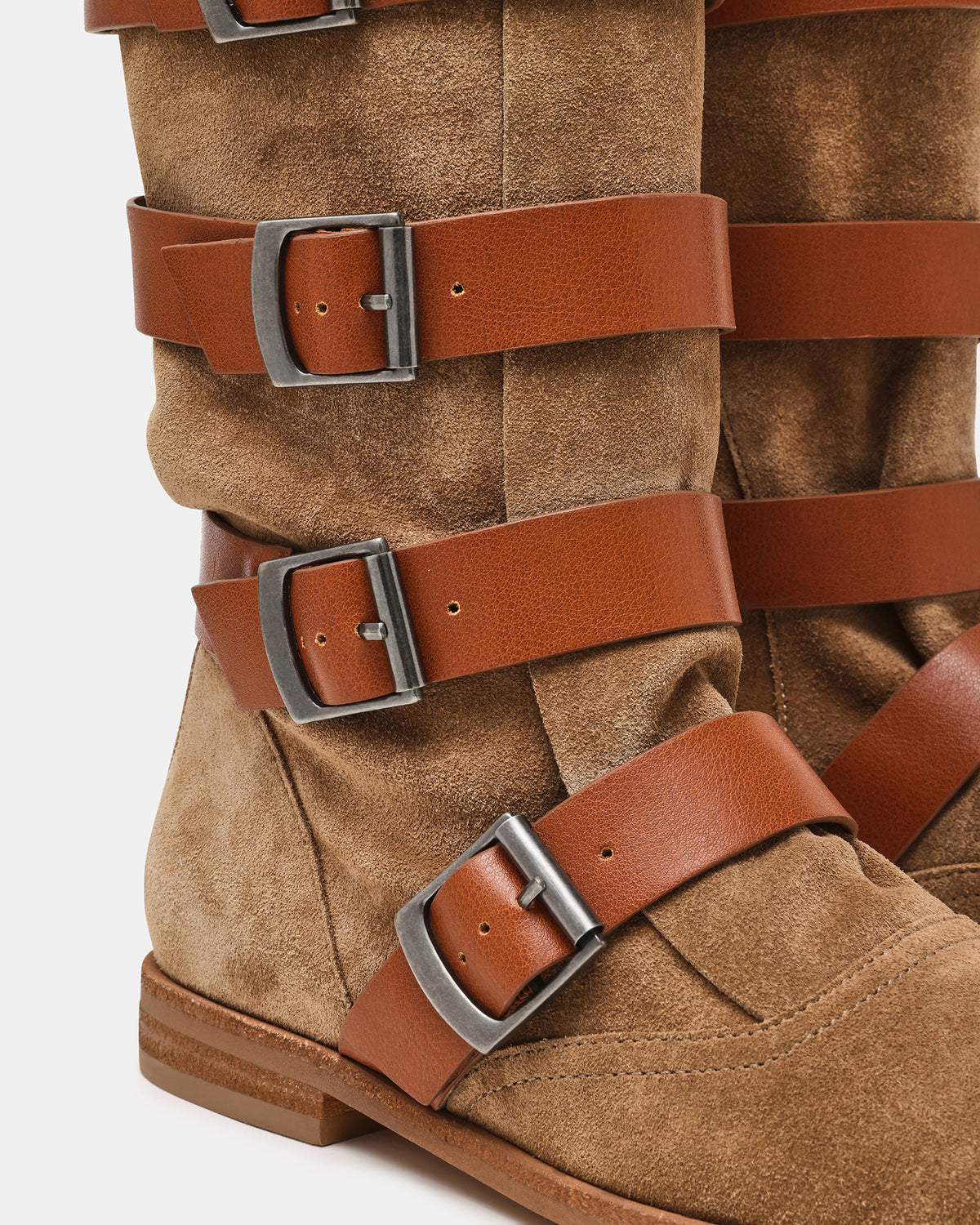 INDIO Tan Suede Buckle Strap Knee-High Round-Toe Women's Boot