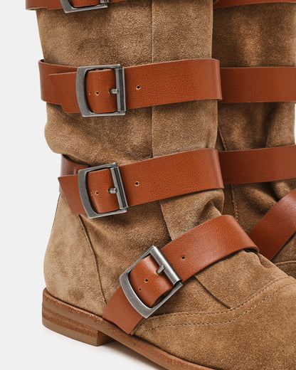 INDIO Tan Suede Buckle Strap Knee-High Round-Toe Women's Boot