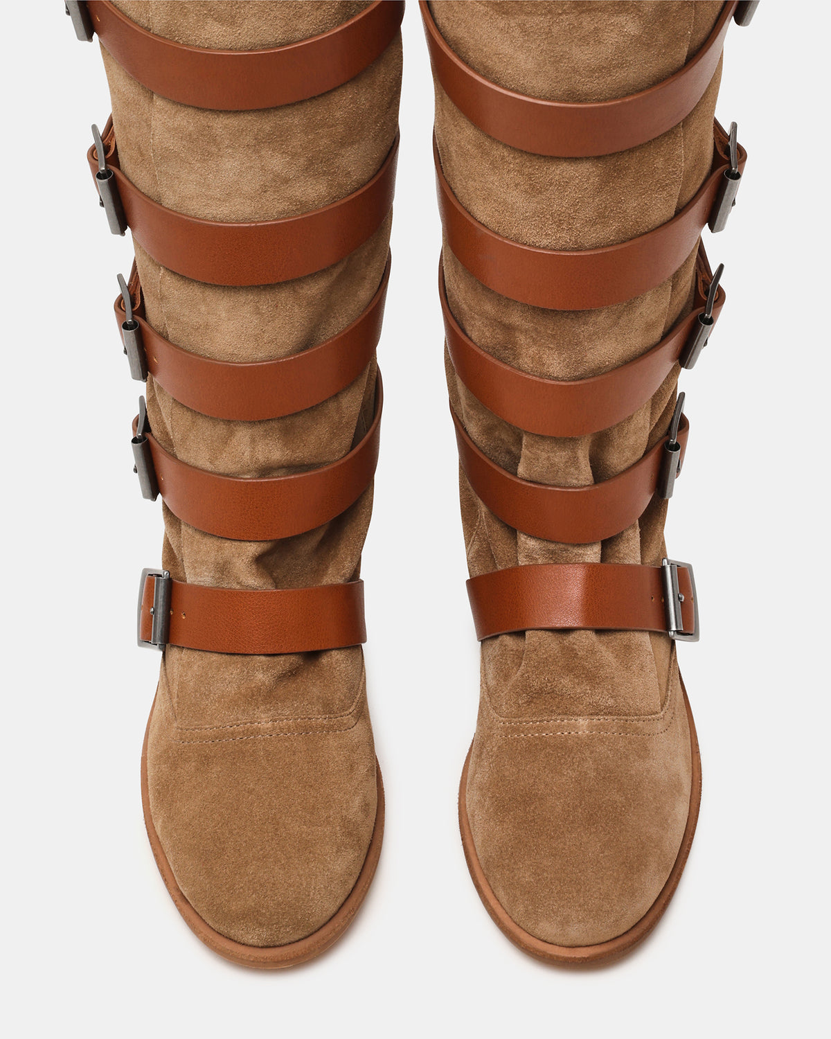INDIO Tan Suede Buckle Strap Knee-High Round-Toe Women's Boot