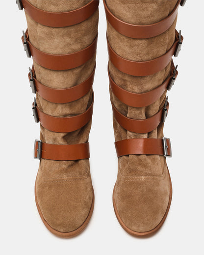 INDIO Tan Suede Buckle Strap Knee-High Round-Toe Women's Boot