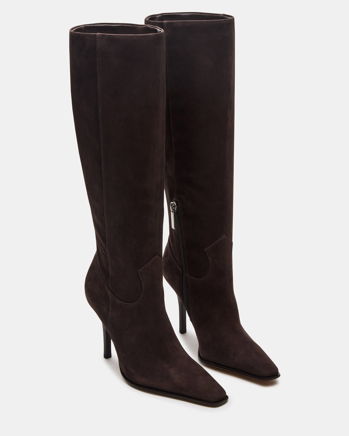 WESCOT Brown Suede Square-Toe Knee-High Heeled Women's Boot