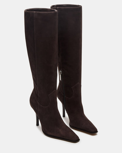 WESCOT Brown Suede Square-Toe Knee-High Heeled Women's Boot