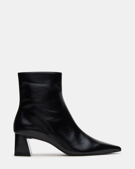 ASHLI Black Leather Pointed-Toe Block Heel Women's Ankle Boot