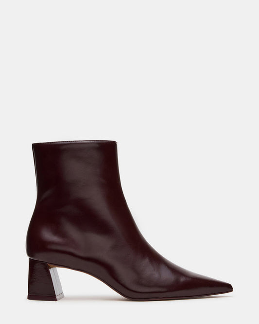 ASHLI Wine Leather Pointed-Toe Block Heel Women's Ankle Boot