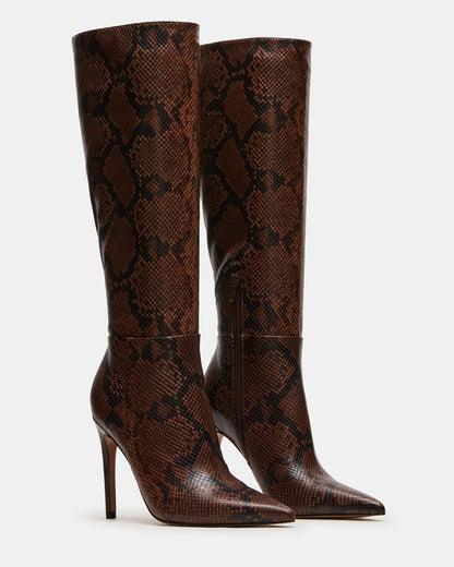 NITRO Brown Snake Pointed-Toe Stiletto Heel Knee-High Women's Boots