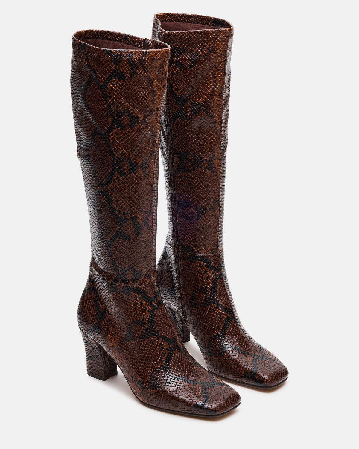 ELLIOT Brown Snake Square-Toe Knee-High Block Heel Women's Boot