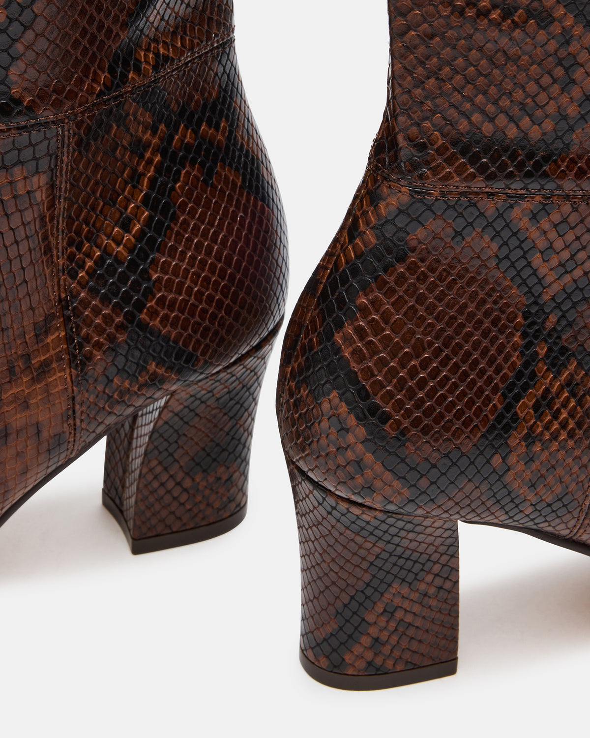 ELLIOT Brown Snake Square-Toe Knee-High Block Heel Women's Boot