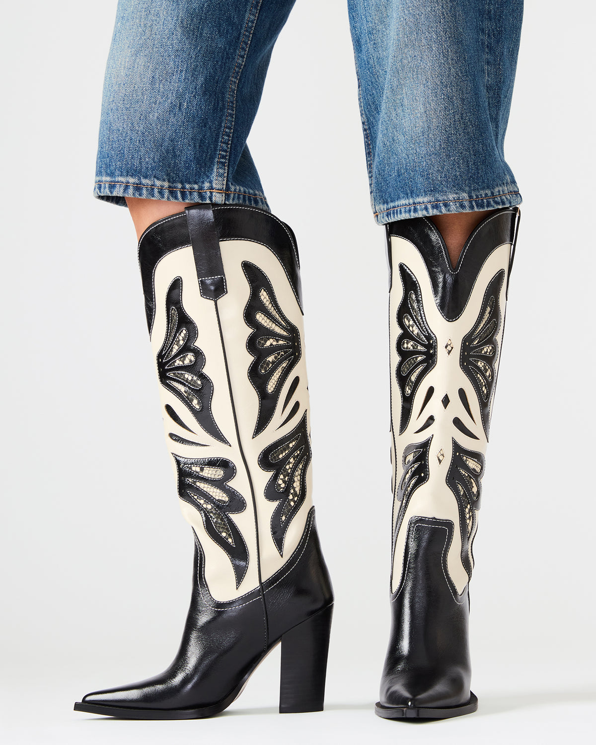 KAZ Black/White Pointed-Toe Knee-High Block Heel Western Women's Boot
