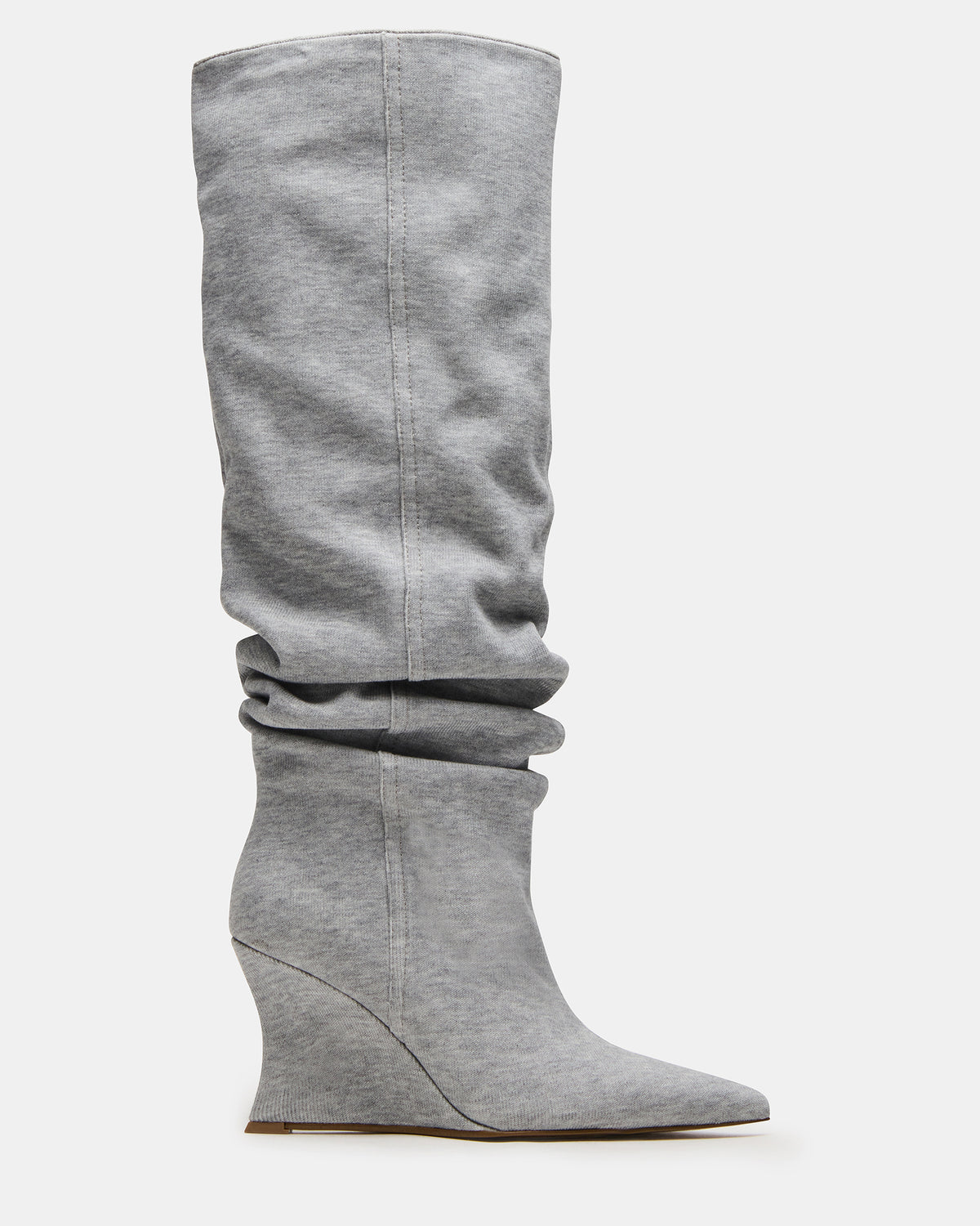 DISTORTION Grey Fabric Pointed-Toe Scrunched Knee-High Wedge Women's Boot