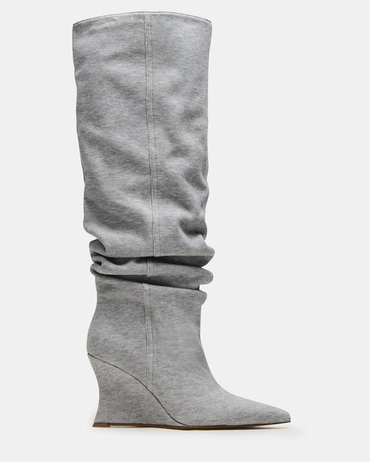DISTORTION Grey Fabric Pointed-Toe Scrunched Knee-High Wedge Women's Boot