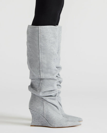 DISTORTION Grey Fabric Pointed-Toe Scrunched Knee-High Wedge Women's Boot