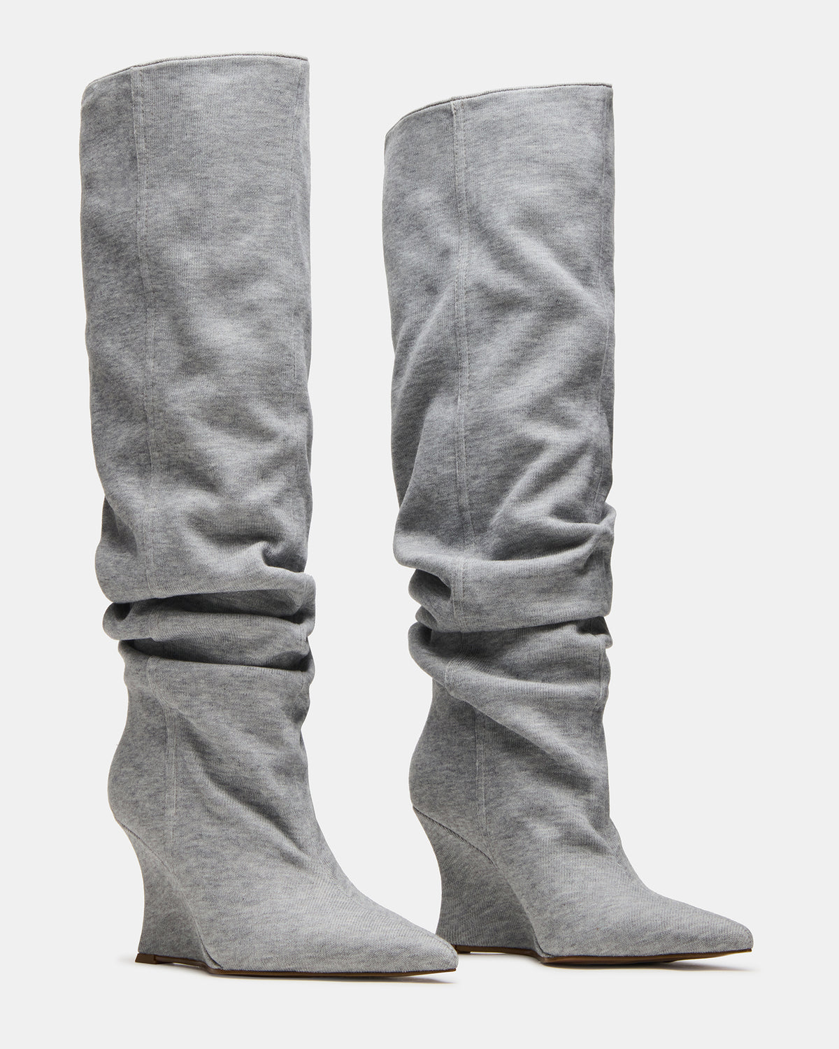 DISTORTION Grey Fabric Pointed-Toe Scrunched Knee-High Wedge Women's Boot
