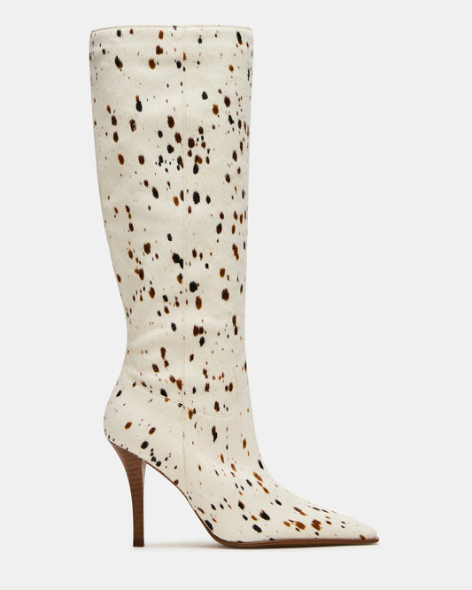 WESCOT Brown Cow Print quare-Toe Knee-High Heeled Women's Boot