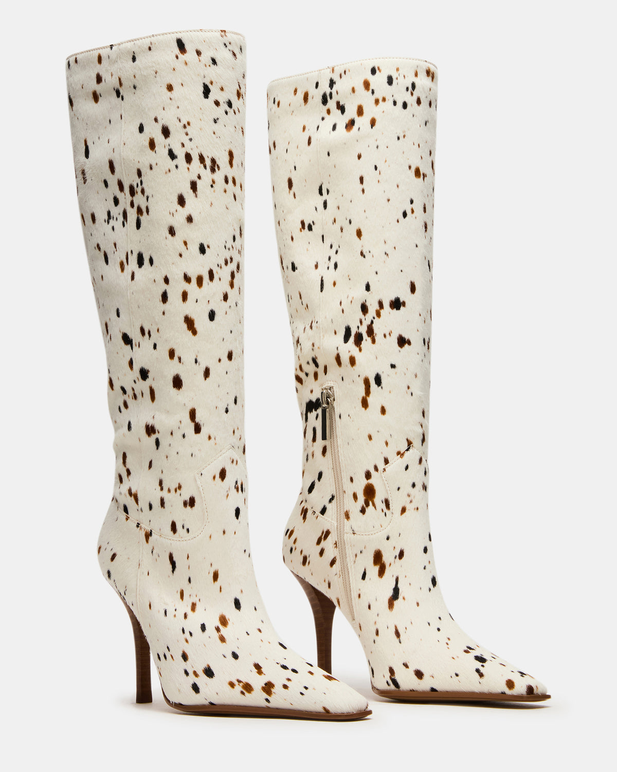 WESCOT Brown Cow Print quare-Toe Knee-High Heeled Women's Boot
