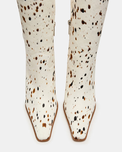 WESCOT Brown Cow Print quare-Toe Knee-High Heeled Women's Boot