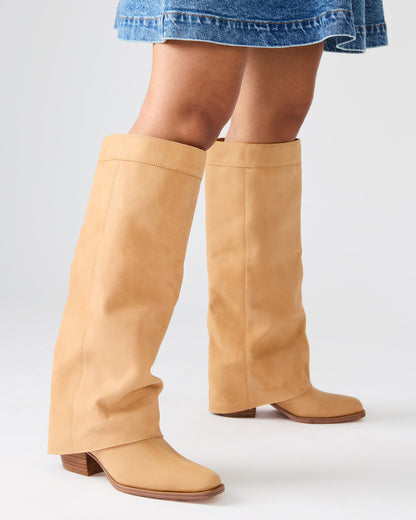 WINNICK Banana Leather Knee-High Cuffed Fold-Over Block Heel Women's Boot
