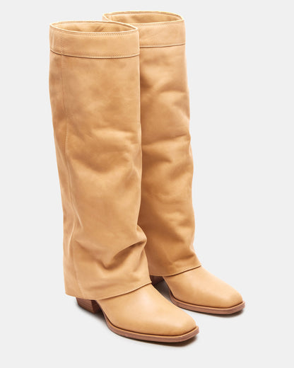 WINNICK Banana Leather Knee-High Cuffed Fold-Over Block Heel Women's Boot
