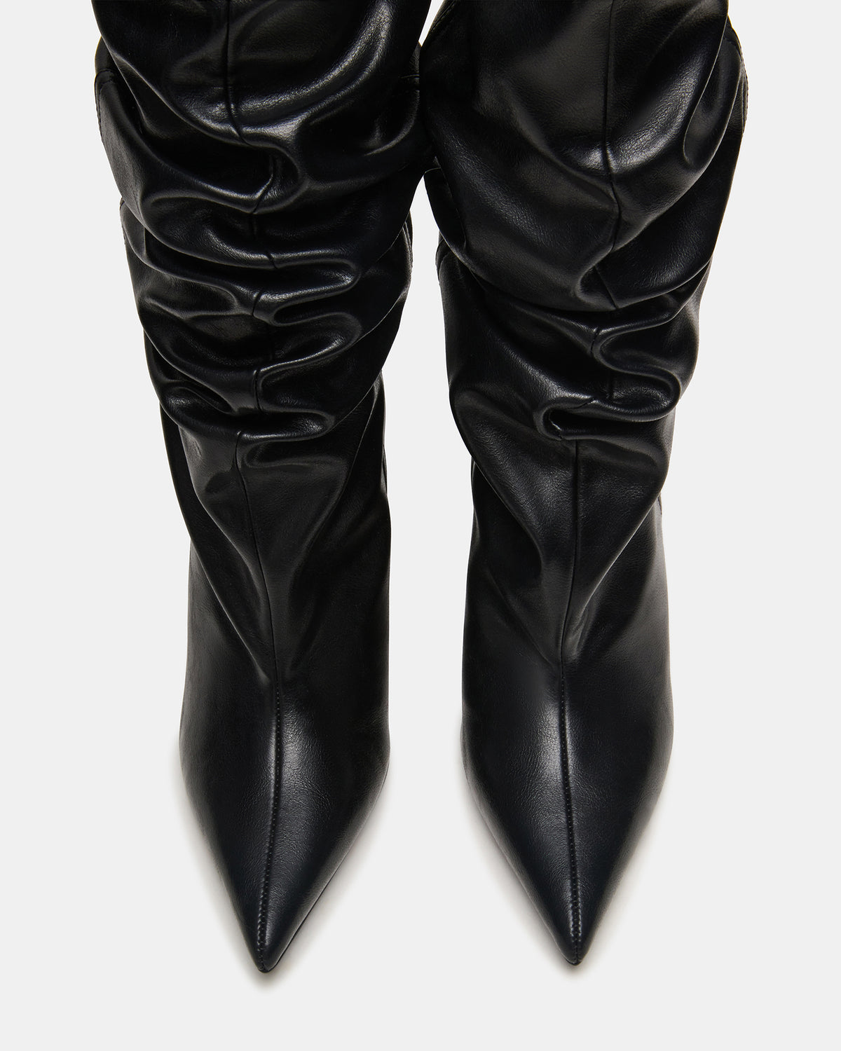 DISTORTION Black Pointed-Toe Scrunched Knee-High Wedge Women's Boot