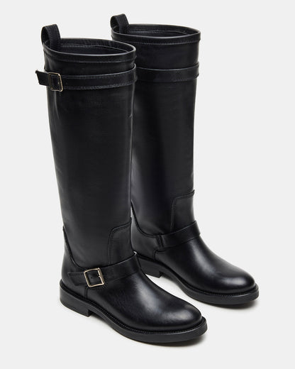 SADY Black Leather Knee-High Rounded Toe Women's Boot