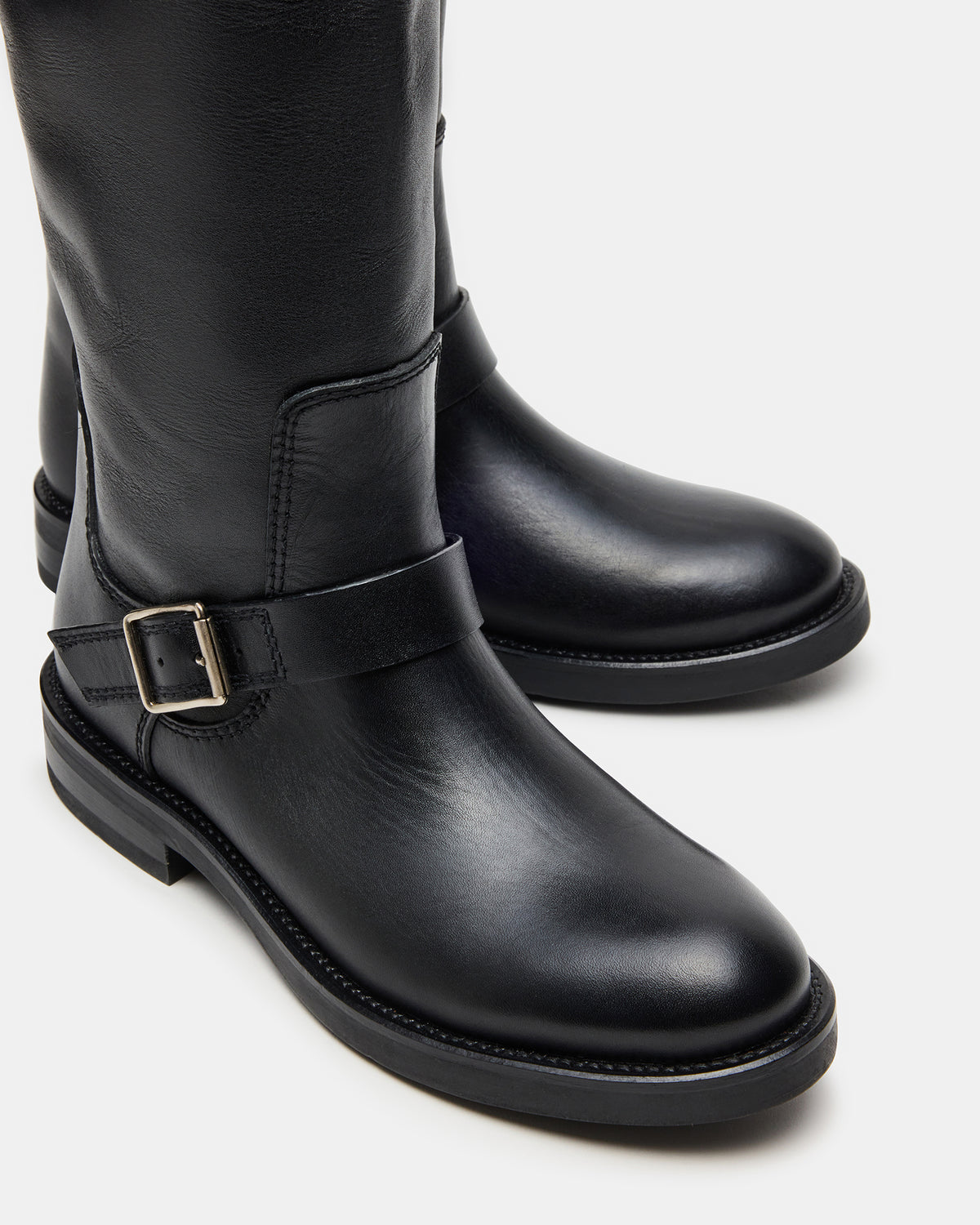 SADY Black Leather Knee-High Rounded Toe Women's Boot