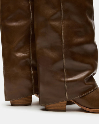 WINNICK Olive Leather Knee-High Cuffed Fold-Over Block Heel Women's Boot