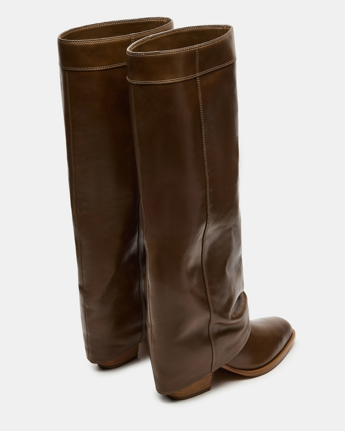 WINNICK Olive Leather Knee-High Cuffed Fold-Over Block Heel Women's Boot