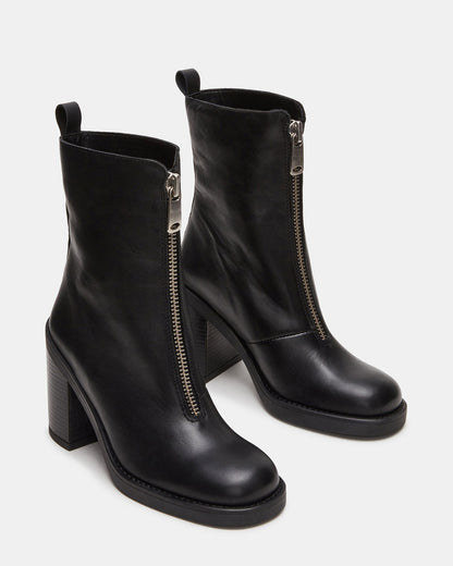 DECLAN Black Leather Block Heeled Ankle Boot | Women's Booties
